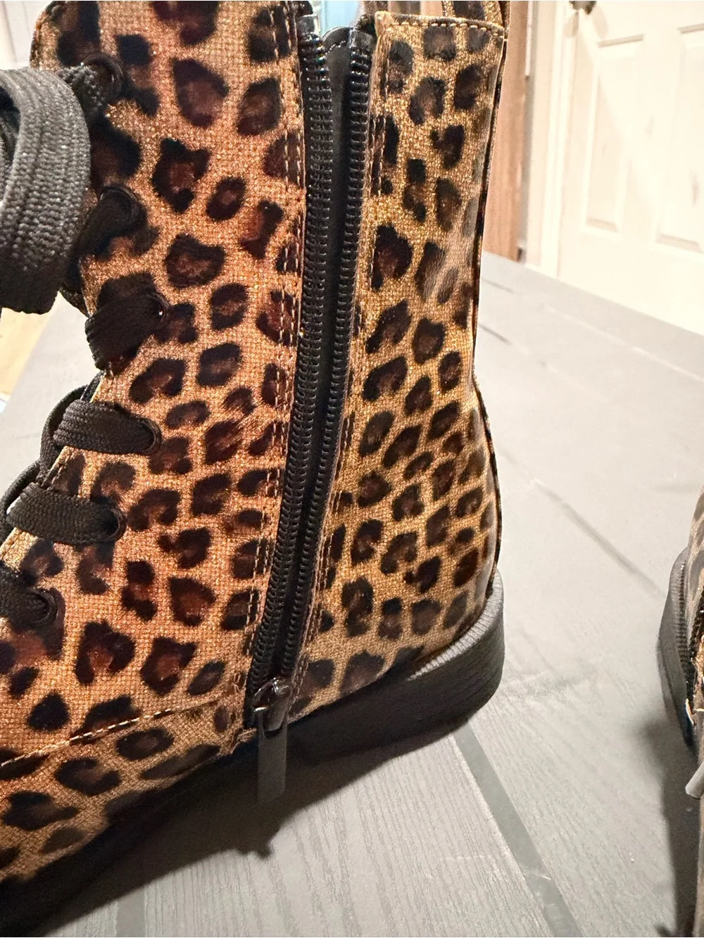 Girls Leopard Print Lace-Up Combat Boots with Black Glitter Star